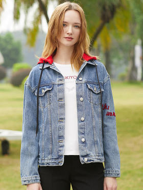 欧芮儿秋装2019款女装牛仔外套刺绣字母连帽街头风蓝色印花短外套