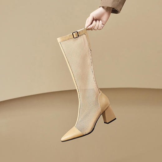 靴子女显瘦季长靴，粗跟网靴尖头透气网纱高筒凉靴长筒凉鞋CZ-C427 商品图6