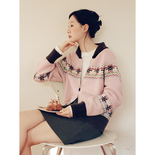 Even Vintage |俏皮费尔岛羊毛混纺菠萝纹撞色毛衣女针织开衫外套 商品图1