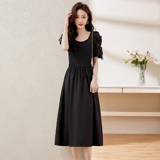 时尚潮流圆领气质通勤优雅蝴蝶结拼接连衣裙HR-WL22077-19 商品图0