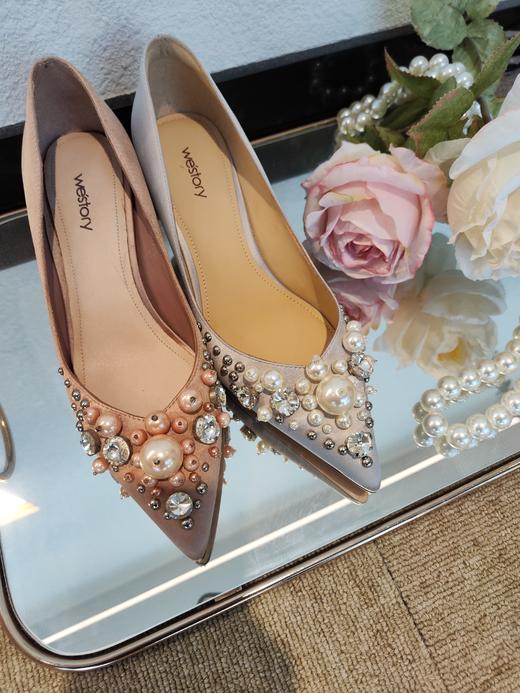 【23年春季新款】尖头细高跟鞋水钻小猫跟百搭时髦浅口单鞋女55921 商品图0