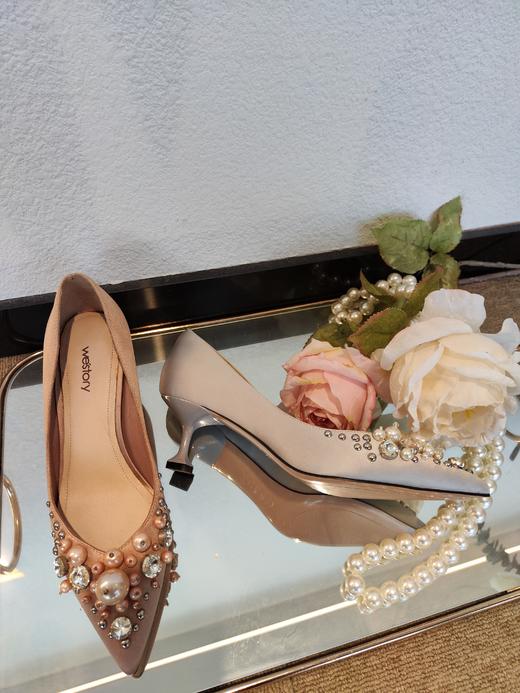 【23年春季新款】尖头细高跟鞋水钻小猫跟百搭时髦浅口单鞋女55921 商品图1