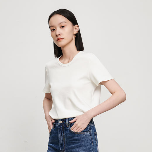 IN AND ON53149绿色纯棉基础款圆领T恤女短袖重工纯色正肩内搭打底上衣 商品图2