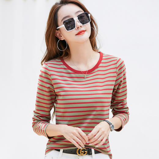 百媚生 棉质条纹圆领长袖T恤367 商品图3