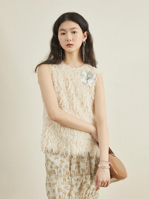 ForPoem 23/SS伦敦时装周高级花朵胸针柔软羽毛流苏无袖背心上衣 商品图0