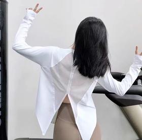 跃牌【明丽逸动】系列 新款瑜伽服女上衣开叉燕尾健身长袖拼网镂空运动T恤宽松AL6612（不带胸垫）