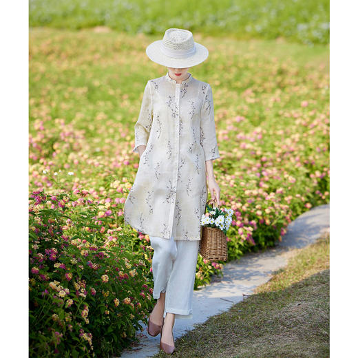 亚麻文艺印花七分袖长款衬衫 旅行宽松开衫HS2028-2 商品图0