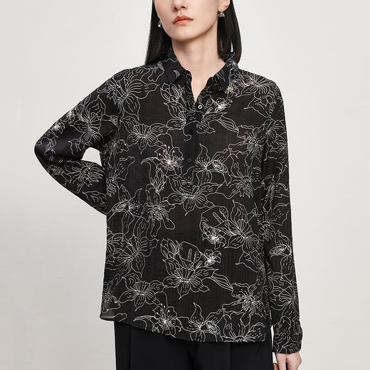 IN AND ON文艺复古印花长袖衬衫女2023夏季新款薄款新中式国风上衣 商品图2