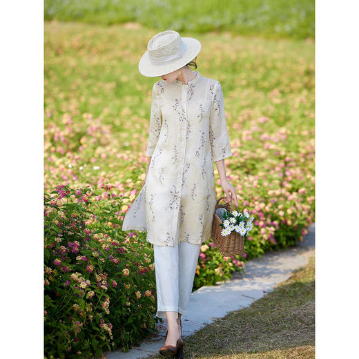 亚麻文艺印花七分袖长款衬衫 旅行宽松开衫HS2028-2 商品图2