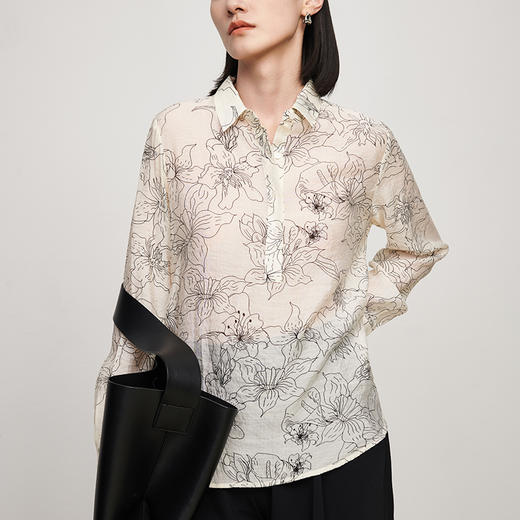 IN AND ON文艺复古印花长袖衬衫女2023夏季新款薄款新中式国风上衣 商品图1