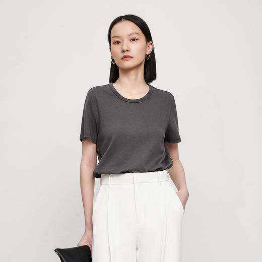 IN AND ON53149绿色纯棉基础款圆领T恤女短袖重工纯色正肩内搭打底上衣 商品图5