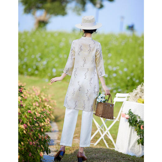 亚麻文艺印花七分袖长款衬衫 旅行宽松开衫HS2028-2 商品图1