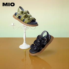 MIO米奥夏季纯色低跟厚底凉鞋复古丝绒蝴蝶结时尚休闲沙滩鞋女鞋M233132010