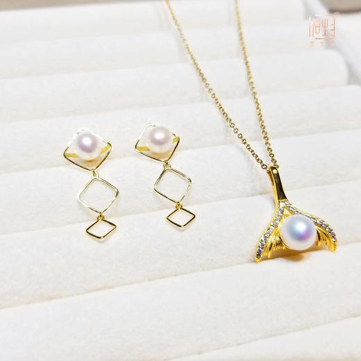 天然akoya珍珠鱼尾项链+菱形珍珠耳饰套装 商品图0