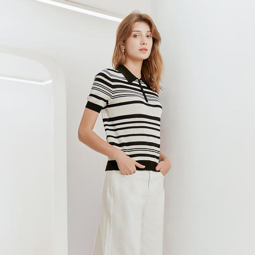 【方领短袖镂空针织套衫】23年春夏新品女士经典黑白条纹毛衣时尚短袖T 商品图2