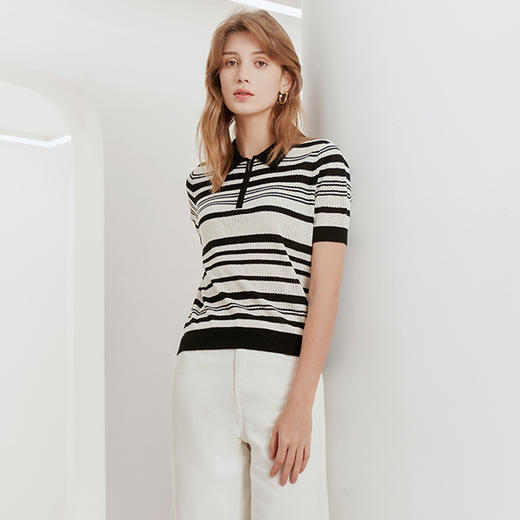 【方领短袖镂空针织套衫】23年春夏新品女士经典黑白条纹毛衣时尚短袖T 商品图1