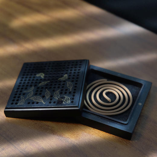 紫光檀木盘香炉 卧香炉 掐丝嵌铜树叶香盒 配香盒收纳袋  规格7*7*2.1cm  50007929 商品图3