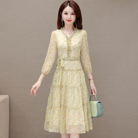 QYM XY8917-L时尚雪纺碎花木耳边拼接V领气质连衣裙