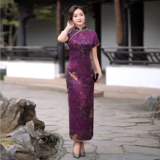 TZRY复古真襟香云纱花萝旗袍雍容华贵流行真丝旗袍 商品图0