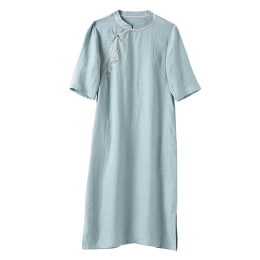 新款原创设计国风，改良亚麻旗袍连衣裙文艺绣花立领侧开叉YM-C009 商品图4