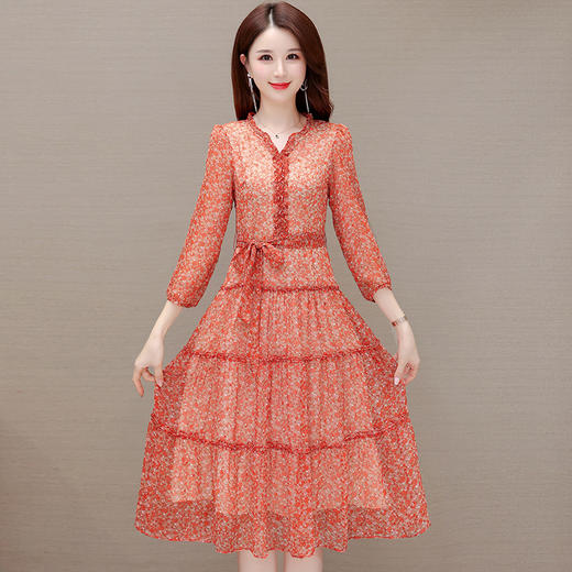 QYM XY8917-L时尚雪纺碎花木耳边拼接V领气质连衣裙 商品图1