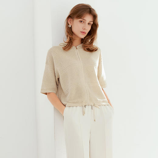 【连帽短袖针织开衫】23年春夏新品女士镂空针织开衫时尚短袖小外套 商品图0