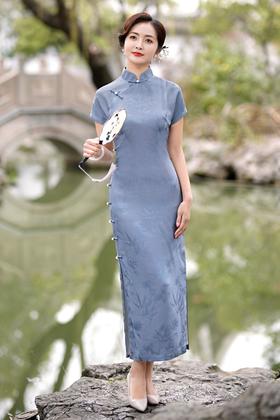 TZRY热卖设计师款网红无省复古提花真丝旗袍烟雨下江南复古真襟旗