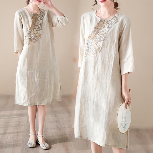 中国风棉麻连衣裙复古盘扣刺绣花中式茶服中长裙SJ-9261 商品图1