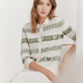 【方领七分袖针织开衫】23年春夏新品女士七分袖条纹印花针织开衫小外套