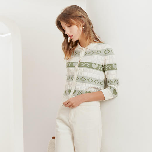 【方领七分袖针织开衫】23年春夏新品女士七分袖条纹印花针织开衫小外套 商品图2