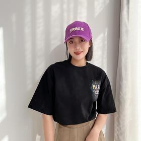 夏季新品短袖T恤锁扣烫金logo手工喷绘印花后背工艺双纱棉男女款