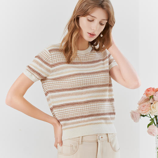 【棉麻短袖针织T恤】23年春夏新品棉麻针织上衣时尚圆领条纹套衫 商品图2