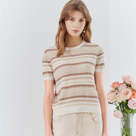 【棉麻短袖针织T恤】23年春夏新品棉麻针织上衣时尚圆领条纹套衫