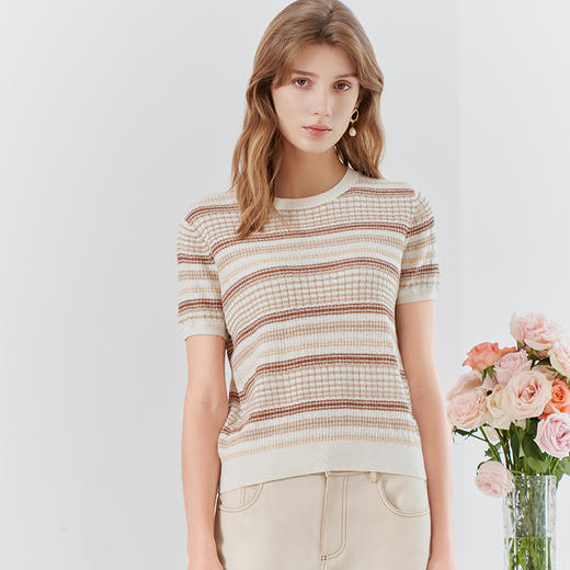 【棉麻短袖针织T恤】23年春夏新品棉麻针织上衣时尚圆领条纹套衫 商品图0