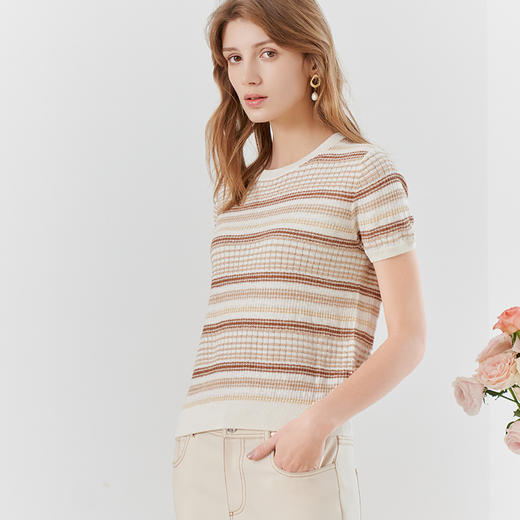 【棉麻短袖针织T恤】23年春夏新品棉麻针织上衣时尚圆领条纹套衫 商品图1