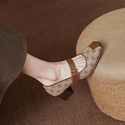 复古小香风，格纹布加头层牛皮低粗跟单鞋PS1257 商品图5