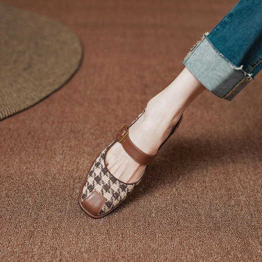 复古小香风，格纹布加头层牛皮低粗跟单鞋PS1257 商品图3