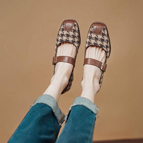 复古小香风，格纹布加头层牛皮低粗跟单鞋PS1257