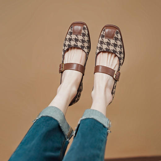 复古小香风，格纹布加头层牛皮低粗跟单鞋PS1257 商品图0