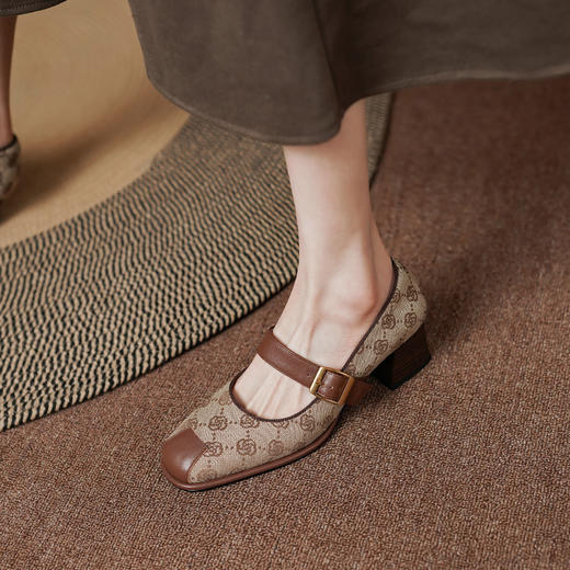 复古小香风，格纹布加头层牛皮低粗跟单鞋PS1257 商品图6