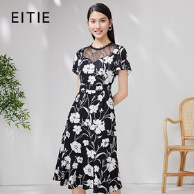EITIE爱特爱夏季新款修身显瘦优雅蕾丝拼接领印花连衣裙7007713