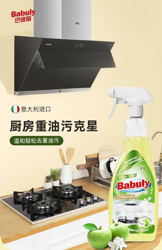 (中欧班列精选2瓶)意大利巴彼丽Babuly重油污清洁喷雾 原装进口抽油烟机清洗剂厨房去油污神器 750ml/瓶 商品图3