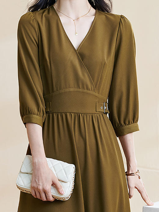 剩S/M 米思阳2026春季新款优雅大方七分袖V领裙子收腰显瘦a字连衣裙0304 商品图4