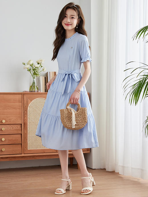 【专属特价】熙世界天丝茶歇法式连衣裙女2024夏季新款泡泡短袖荷叶边蛋糕裙子 商品图4