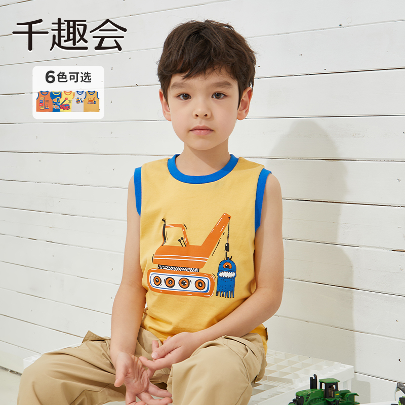 千趣会夏季无袖T恤外穿纯棉透气工程车印花潮酷男童运动背心