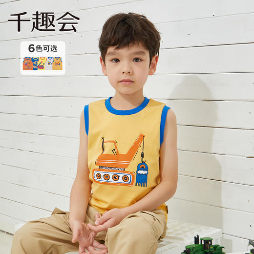 千趣会夏季无袖T恤外穿纯棉透气工程车印花潮酷男童运动背心 商品图0