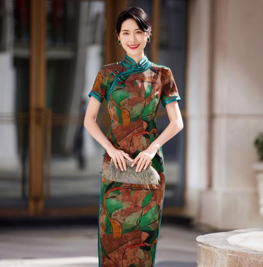 KY-83769春季新款立领短袖提花双色包边八扣印花长旗袍私服国风优雅 商品图3