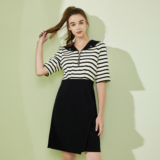 NF8W6斯尔丽瑟俪2023春季新款翻领拼接式条纹减龄通勤连衣裙 商品图0