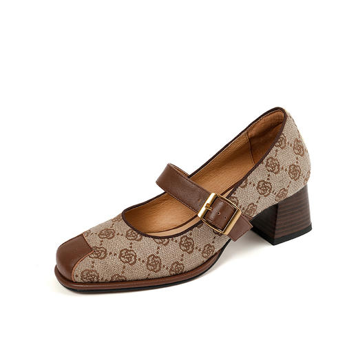 复古小香风，格纹布加头层牛皮低粗跟单鞋PS1257 商品图12