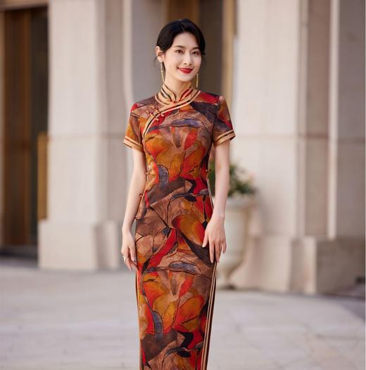 KY-83769春季新款立领短袖提花双色包边八扣印花长旗袍私服国风优雅 商品图2